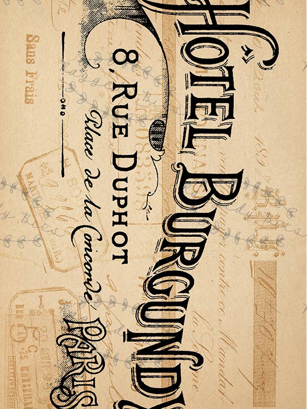 Benvenuti all'Hotel Burgundy — Raggedy Bits Decoupage Paper per la vendita all'ingrosso da parte di Raggedy Bits
