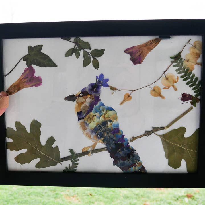 Pressed flower cardinal art, real flower art PRINT for wholesale by Remedy Designs