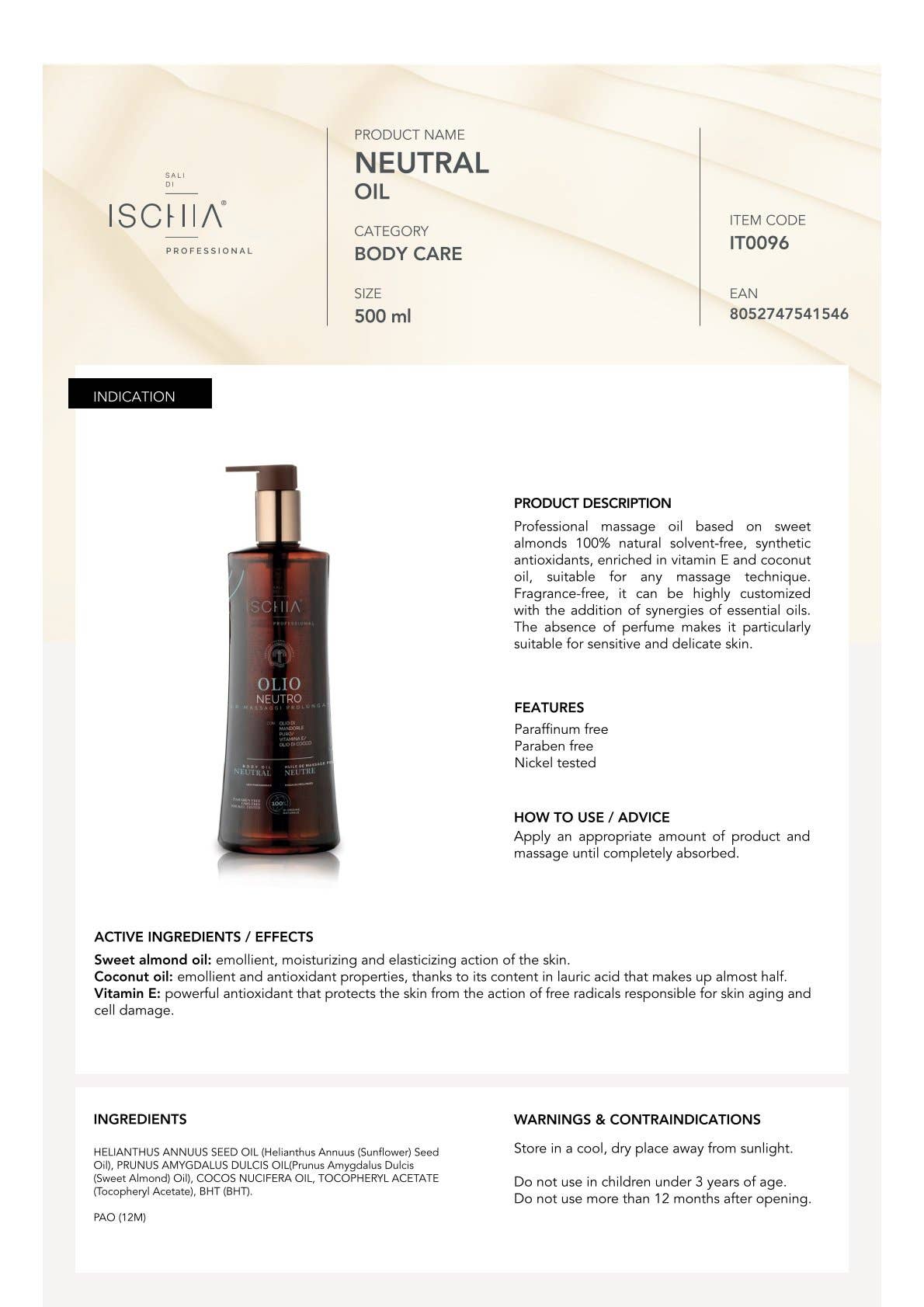 Sali D'Ischia – Óleo de massagem por atacado – Óleo Neutro para Massagem 500 ml1