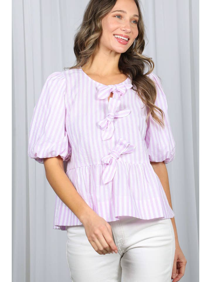 Vine & Love - Wholesale Blouse - Women's - 1/3 Open Tie Front Striped Puff Sleeve Blouse Top VT82682