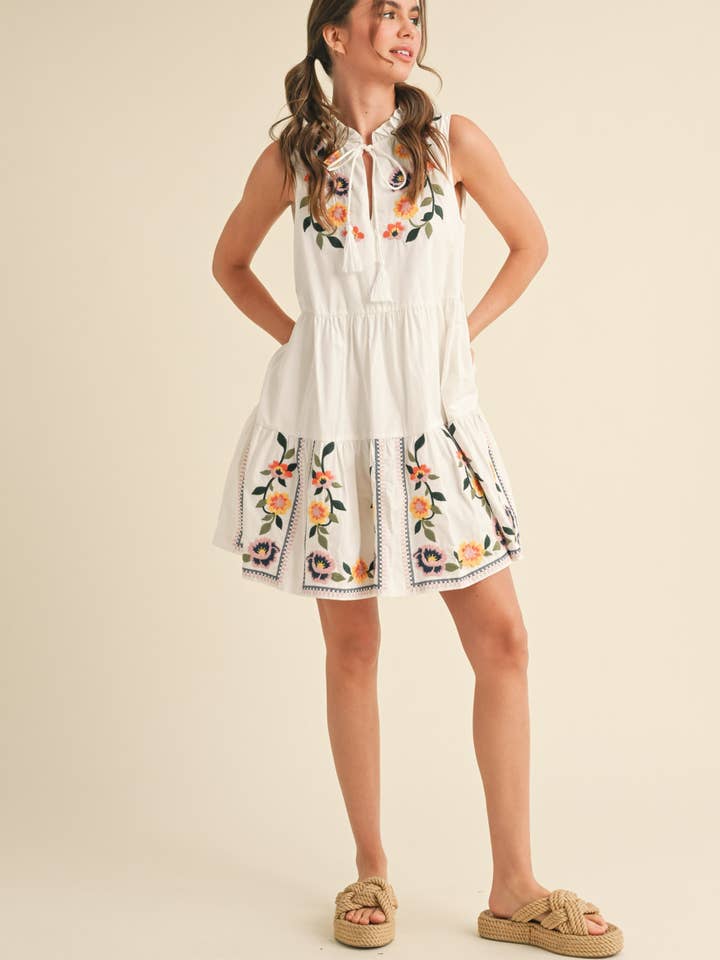 &MERCI - Wholesale Dress - Women's - FLORAL EMBROIDERY TIERED MINI DRESS MDR384116