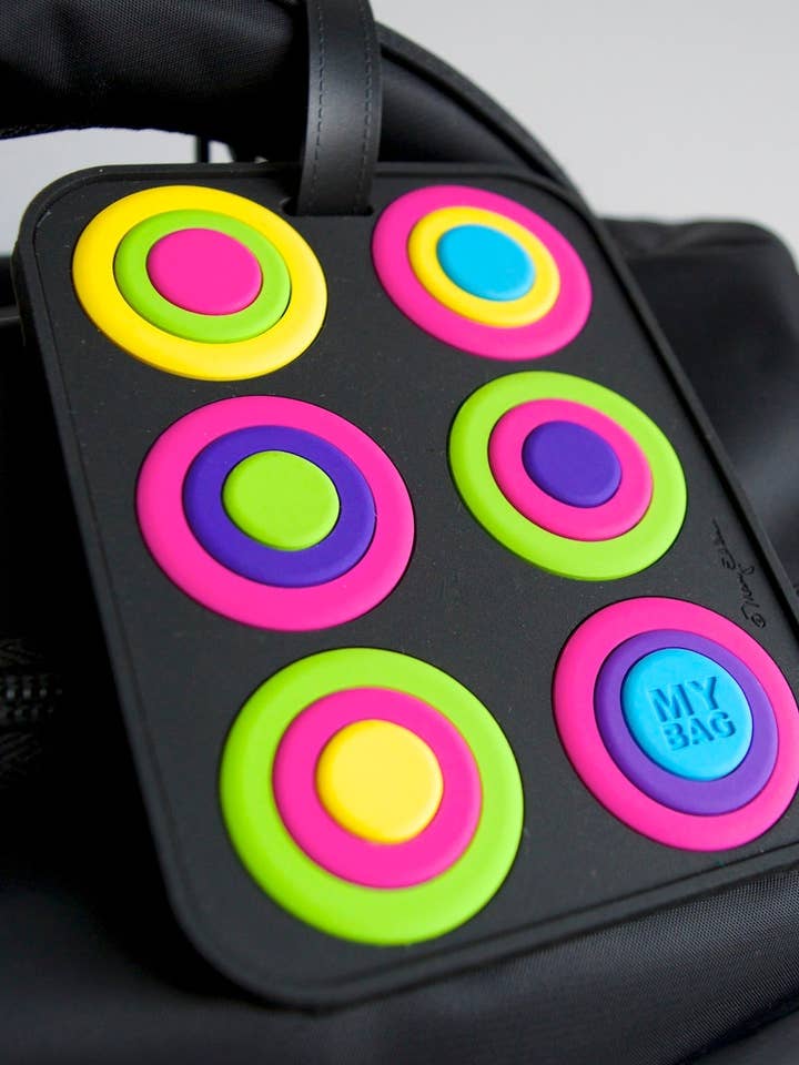 Circles Black 3-D Luggage Tag | Fun Bag Tag | Colorful ID Tag for wholesale by Mary Ellis