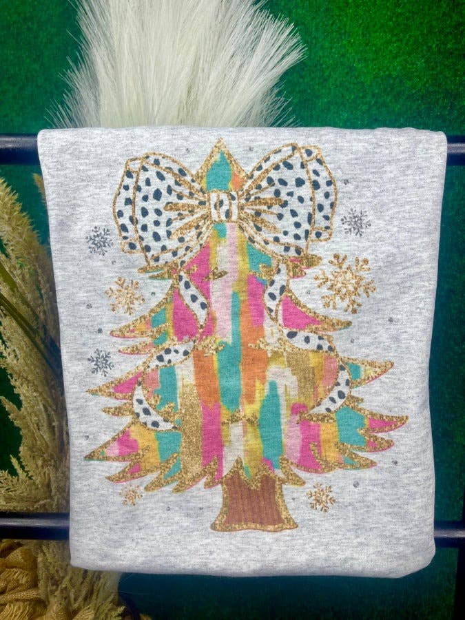 Jerzee Ash Grey Colorful Christmas Tree with Bow (T-Shirt) for wholesale on Faire