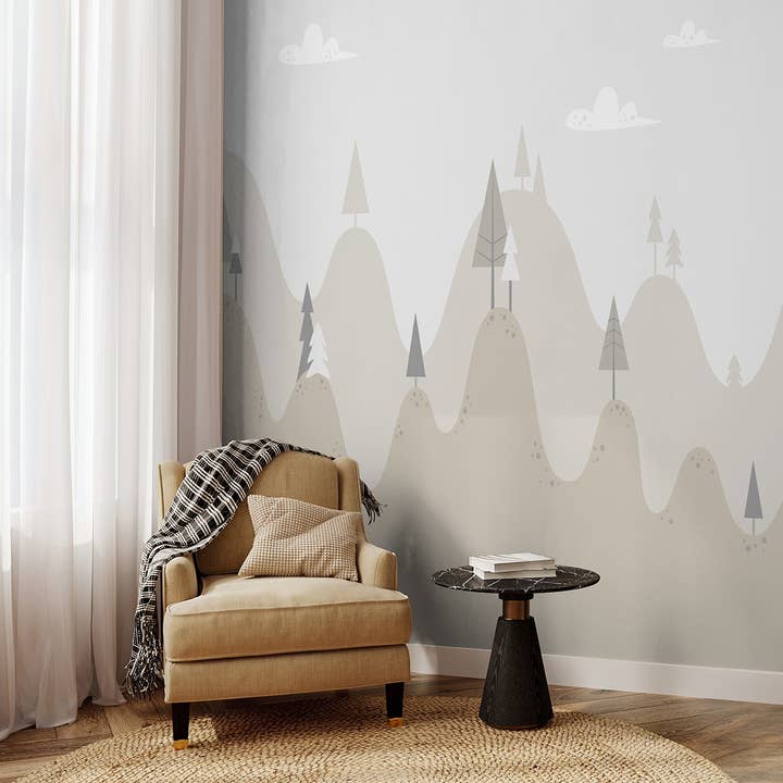 Beige Bergkindergarten Tapete, Neutrales Minimalistisches Wandbild für den Großhandel von SimurgWallArts