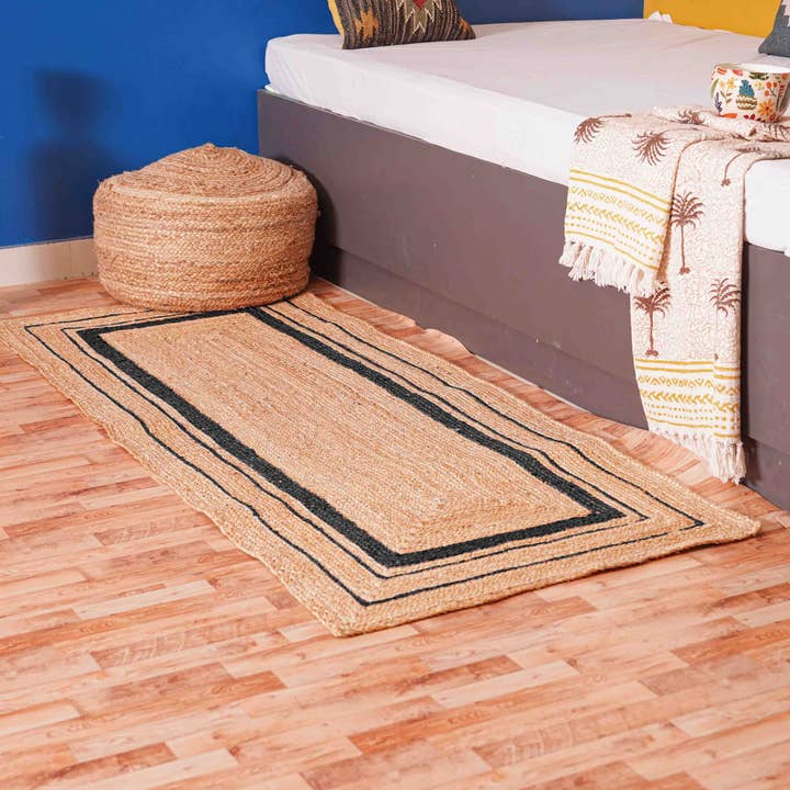 Handmade Beige Runner Jute Rug With Black Triple Border Rug for wholesale by Chouhan Rugs