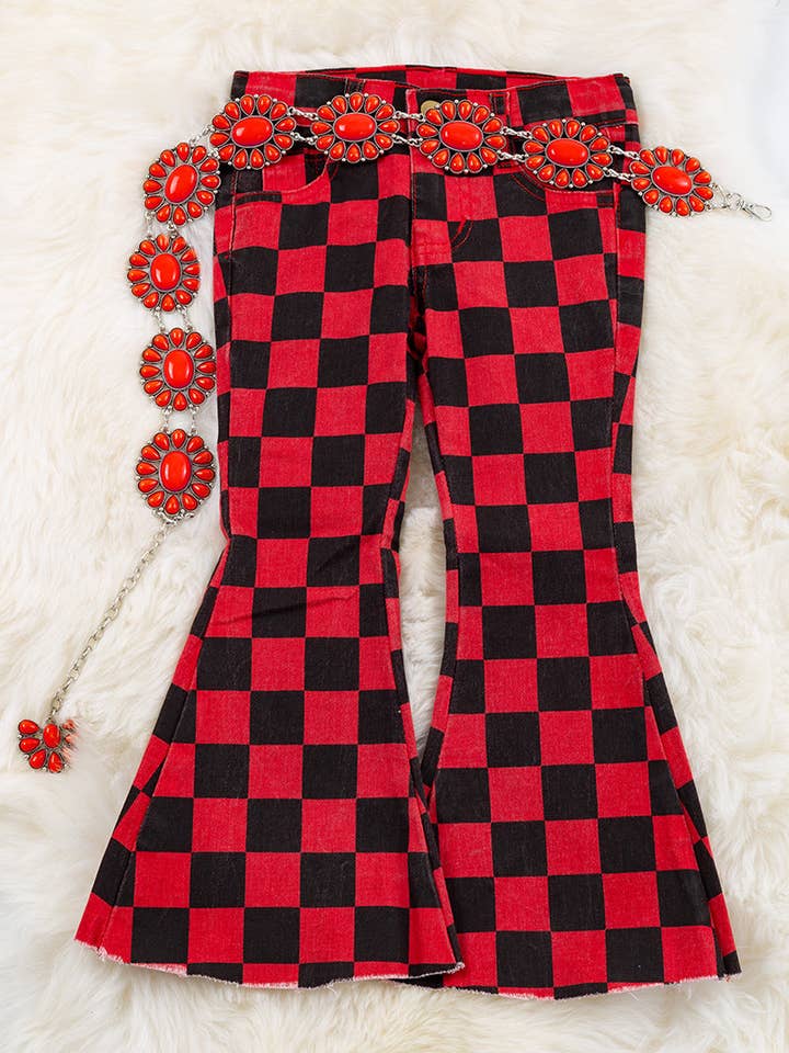 Pantalon en denim imprimé à carreaux rouges et noirs. PNG50133003 MARY pour la vente par Kids Charm Online