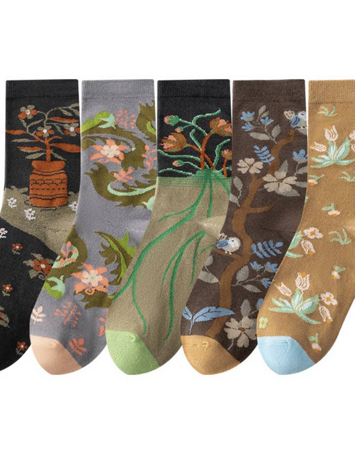 CWMS02748_VINTAGE ART FLORAL CREW SOCKS WOMEN AESTHETIC for wholesale by NINEXIS