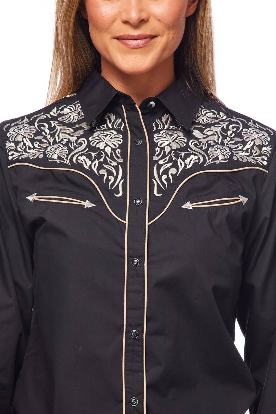 Rodeo Clothing - Vente Chemise à col boutonné – femme - Robe brodée à manches longues d'inspiration western pour femmes37