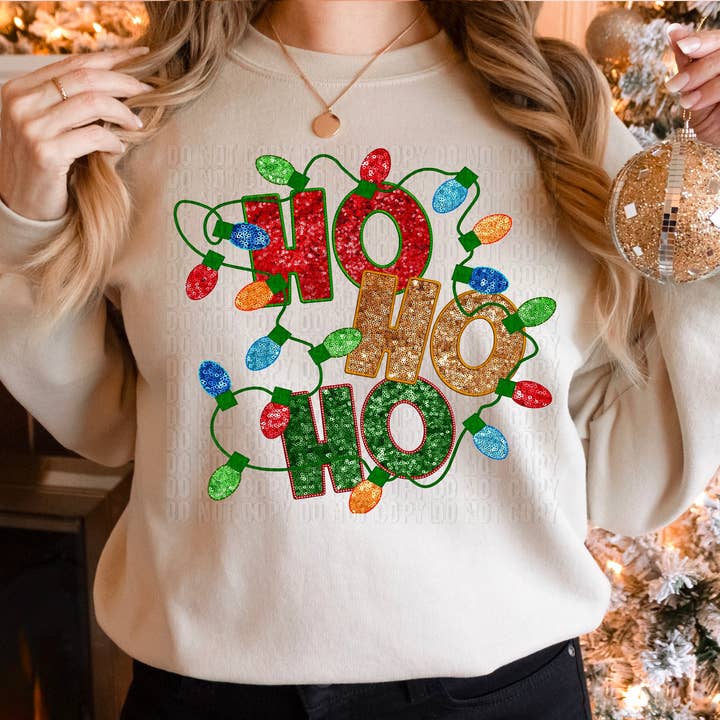 Ho Ho Ho Christmas Lights Sequin Faux Embroidery DTF Transfer for wholesale by K and M Designs