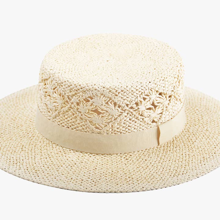 Beige HAT2330 Auden Straw Boater Hat w/ Ribbon Trim for wholesale on Faire