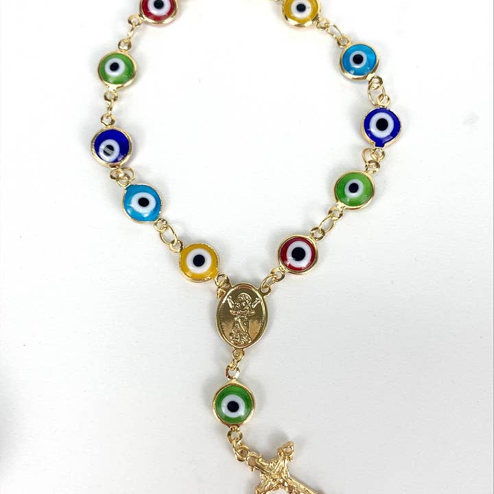 Luxus Accessories - Venta al por mayor Collar de cuentas de oración - Rosario o Br para niños con ojos griegos de colores dorados de 18 quilates
