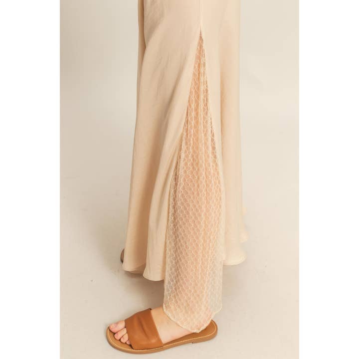 HYFVE - Wholesale Skirt - Women's - HF25C668-Mixed Media Lace Detail Satin Maxi Skirt