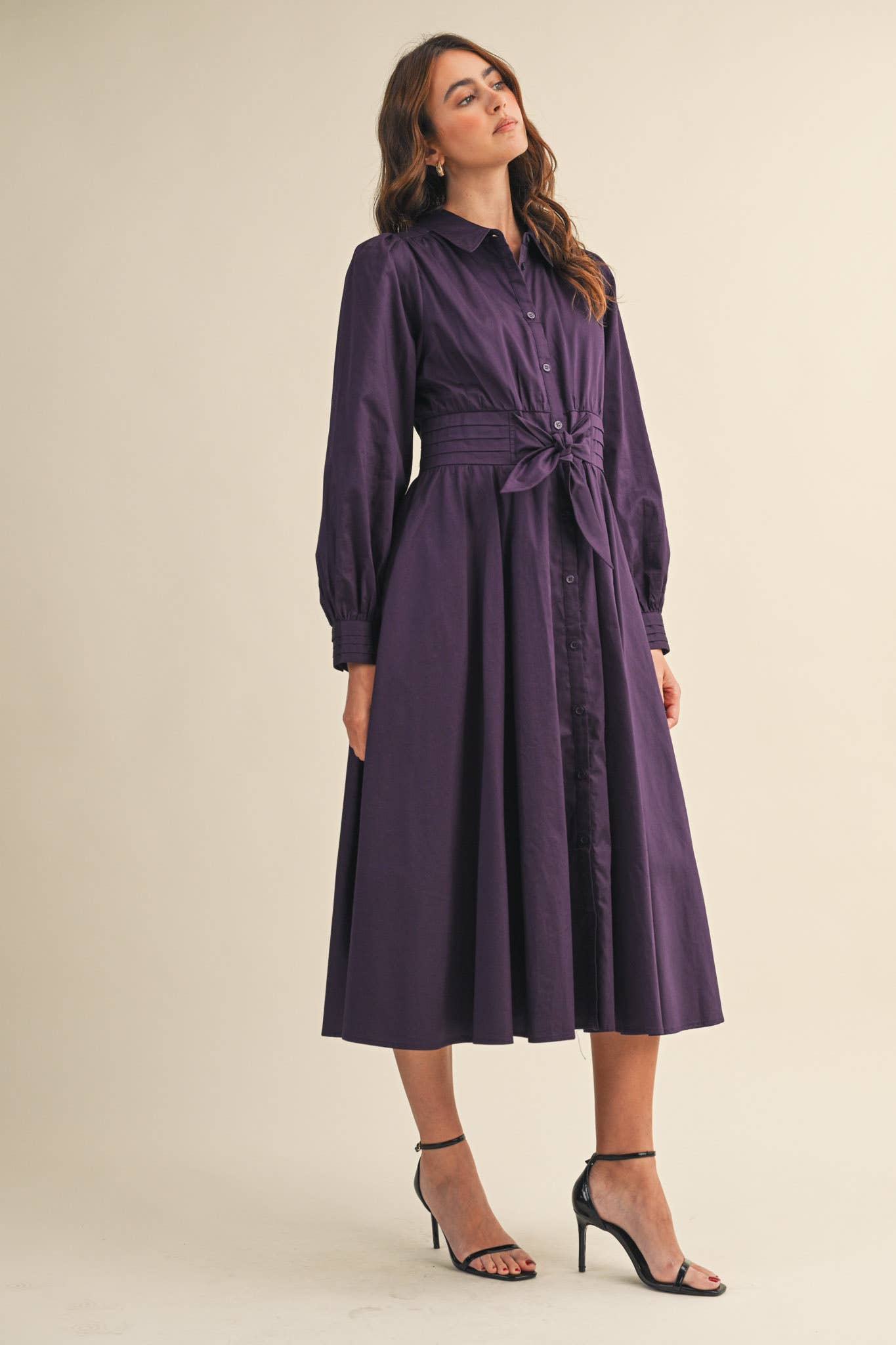 &MERCI - Wholesale Dress - Women's - PINTUCK WAIST TIE FRONT MIDI DRESS MDR42199