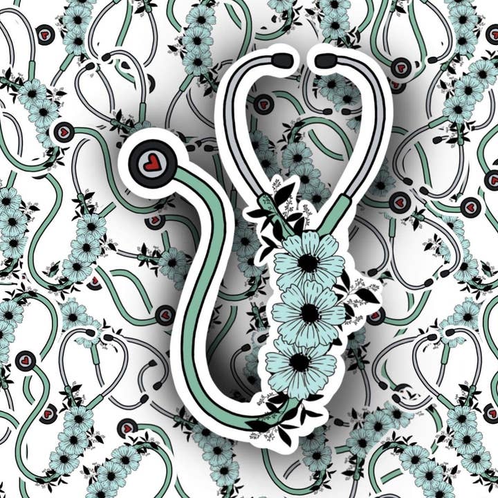 Stéthoscope Floral, Stéthoscope personnalisé, Autocollants médicaux, Autocollants Caducée, Autocollants de Caducée médical, Autocollants professionnels pour la vente par S and S Stickers