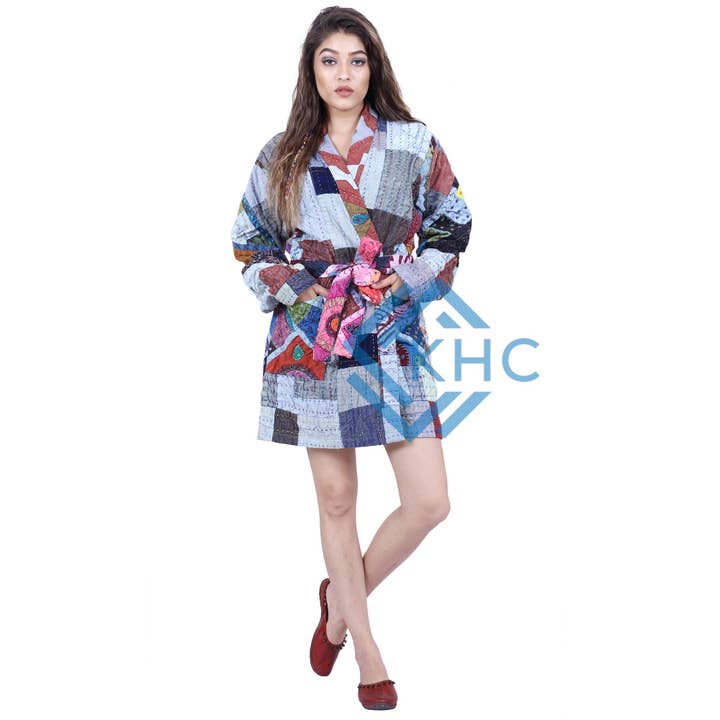 Kantha quiltet patchwork bomuld kimono jakke med bælte for engroshandel hos KHC