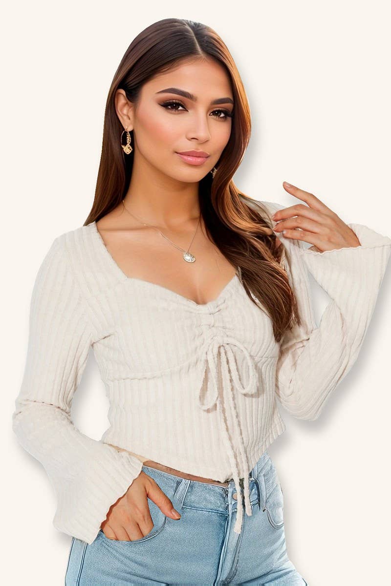 NINEXIS - Wholesale Blouse - Women's - CWTBLL3790_V NECK DRAWSTRING FLARE SLEEVE CROP TOP1