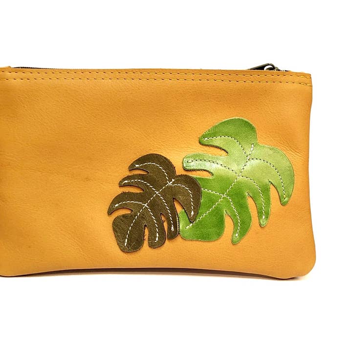 Monstera Appliquéd Leather Zipper Summer Pouch for wholesale by Vicki Jean Leather Design Co.