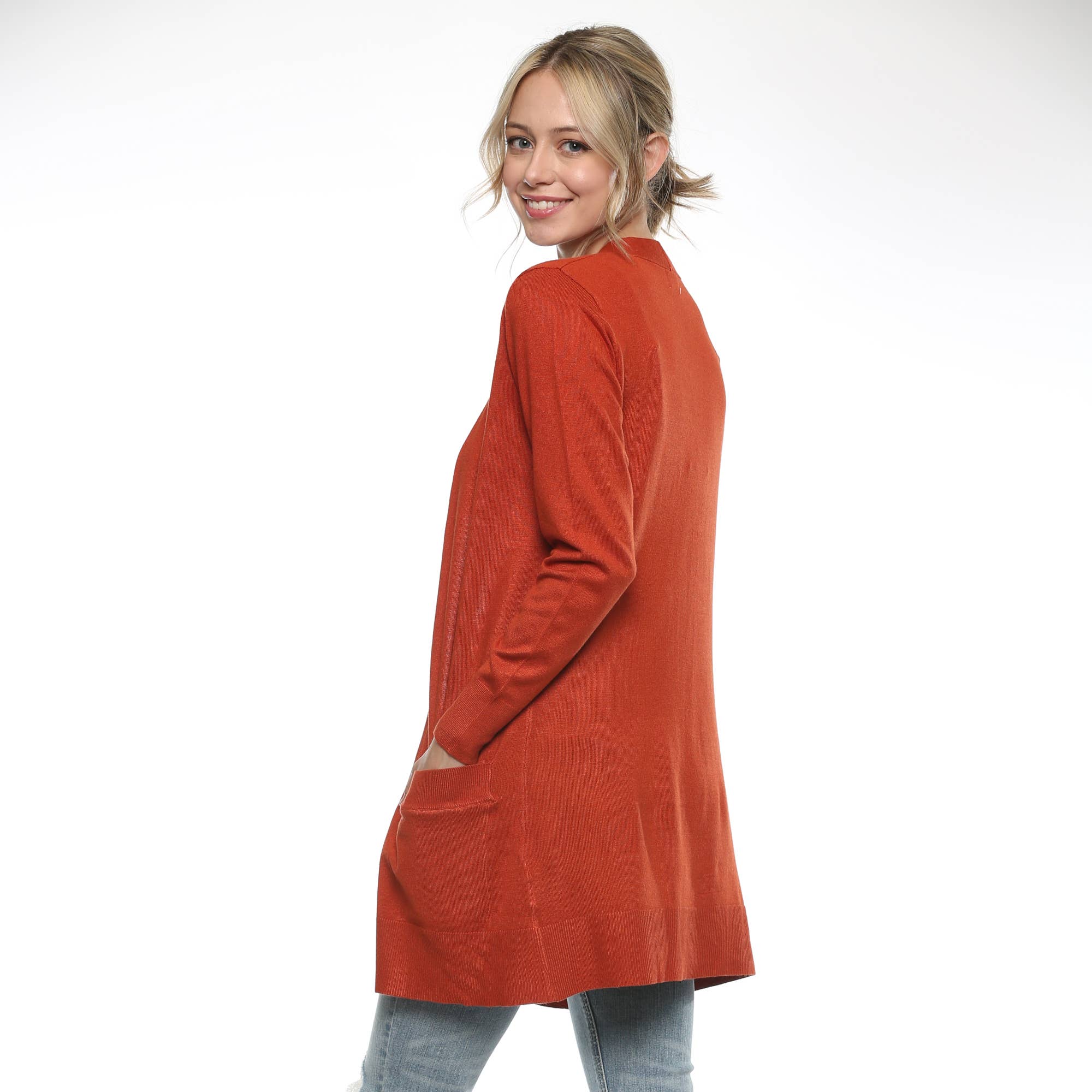 Urban Look - Wholesale Cardigan - Women's - Premium Lightweight Open Front Pocket Cardigan Rust1