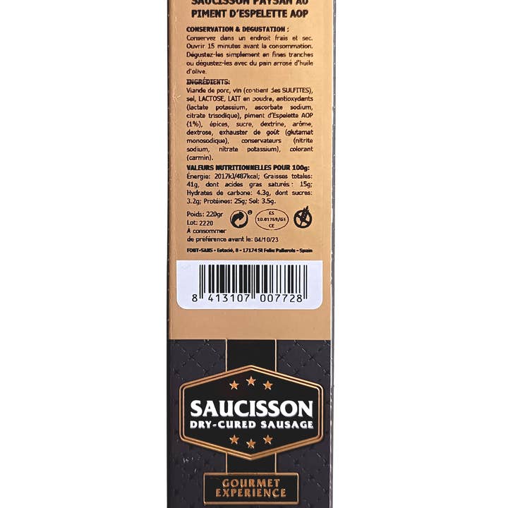 LuxFood-Shop – Salsicha por atacado – Salsicha Camponesa Espelette Pimenta AOP - Font-Sans2