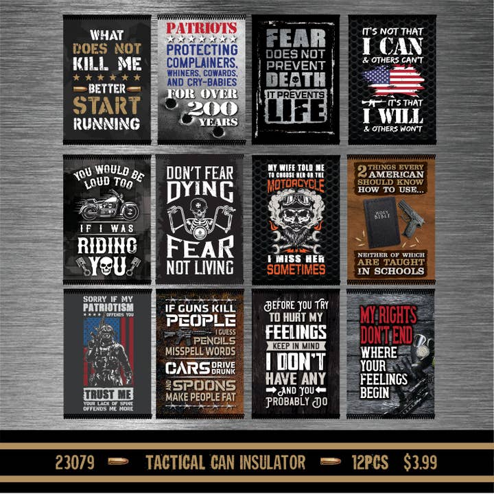 Novelty Closeout - Wholesale Drink Huggers & Koozies - Tac Gear Patriot Neoprene Can Cooler Assortment- 12/Pack