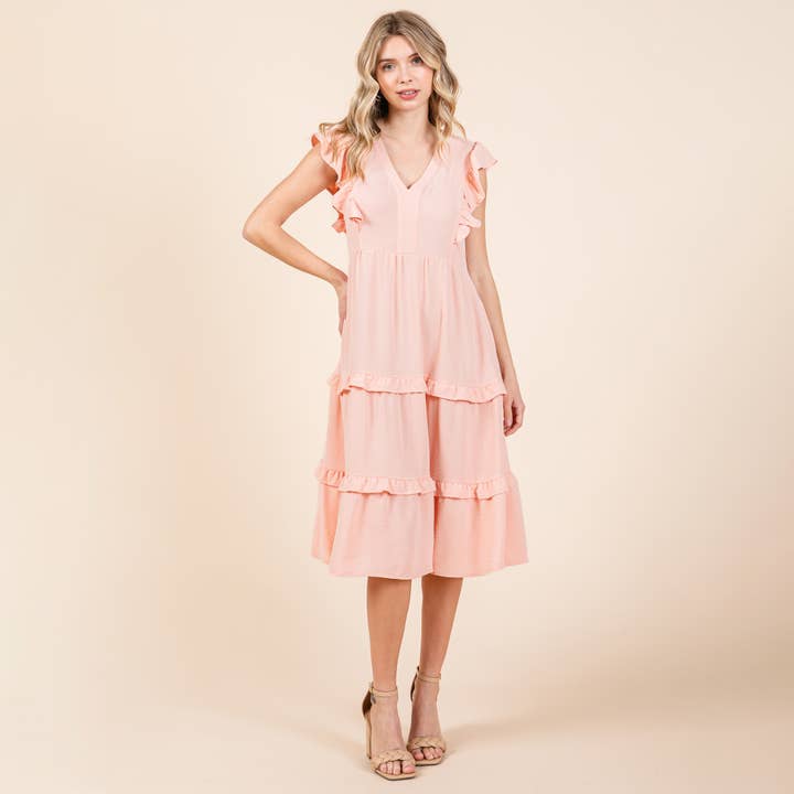 ROLYPOLY - Wholesale Dress - Women's - Ruffled Cap Sleeve Tiered V neck Midi dress