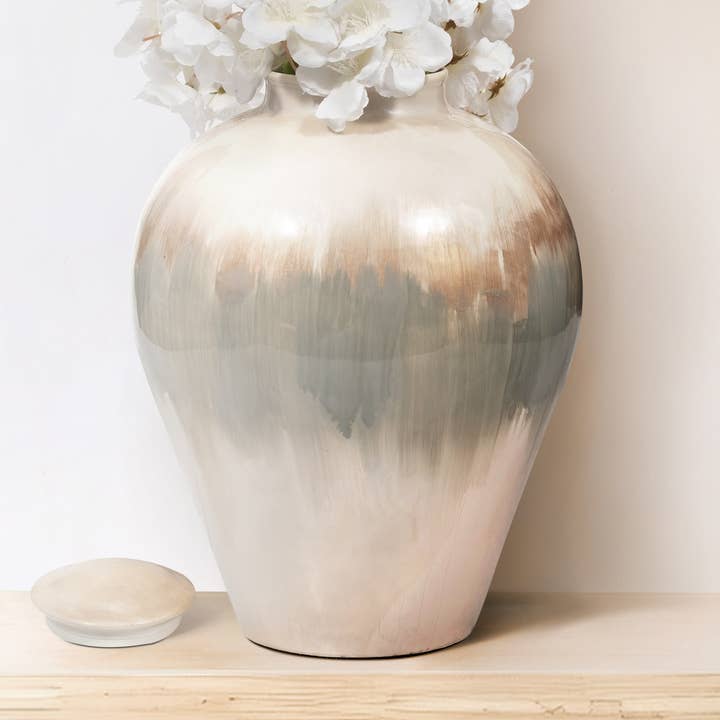 Metal Brushed Pearl Decorative Temple Vase - White, 12 in. for wholesale by Sagebrook Home