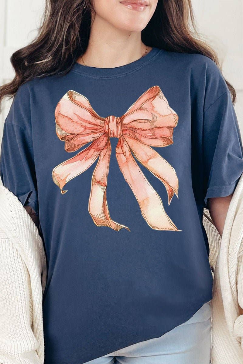 Wholesale Accessory Market - Wholesale Screen Printed T-Shirt - Women's - Peach Watercolor Bow Comfort Colors Adult Ring-Spun Cotton Tee13