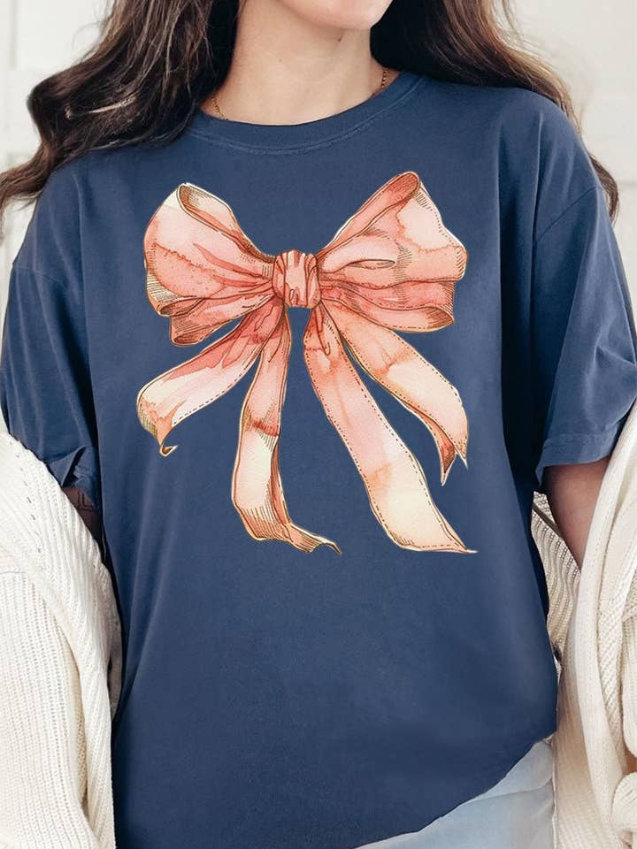 Wholesale Accessory Market - Wholesale Screen Printed T-Shirt - Women's - Peach Watercolor Bow Comfort Colors Adult Ring-Spun Cotton Tee13