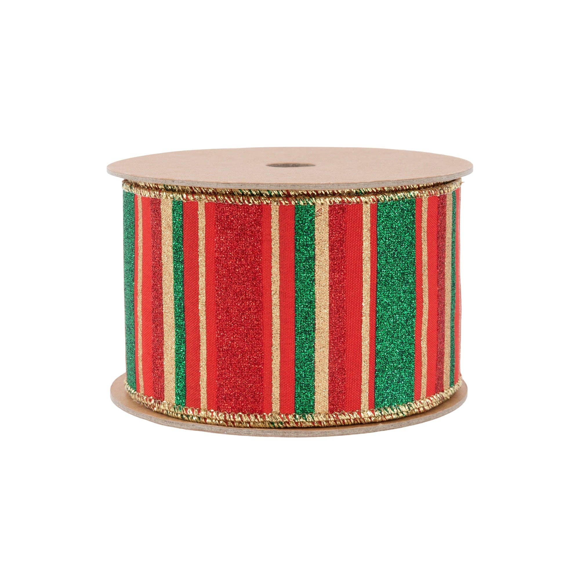 LA Ribbons Wholesale – wholesale Band – 2 1/2" Trådband | Röda, Gröna, Guld Horisontella Glittrande Ränder på Rött | 10 Yards Rulle1