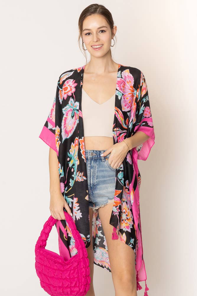 Hana - Wholesale Kimono - Women's - Floral Print Stripe Edge Tassel Summer Kimono0