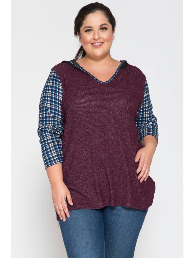 Story Teller - Wholesale Hoodie - Women's - Plus Size V-Neck Color Block & Plaid Pattern Hoodie Top