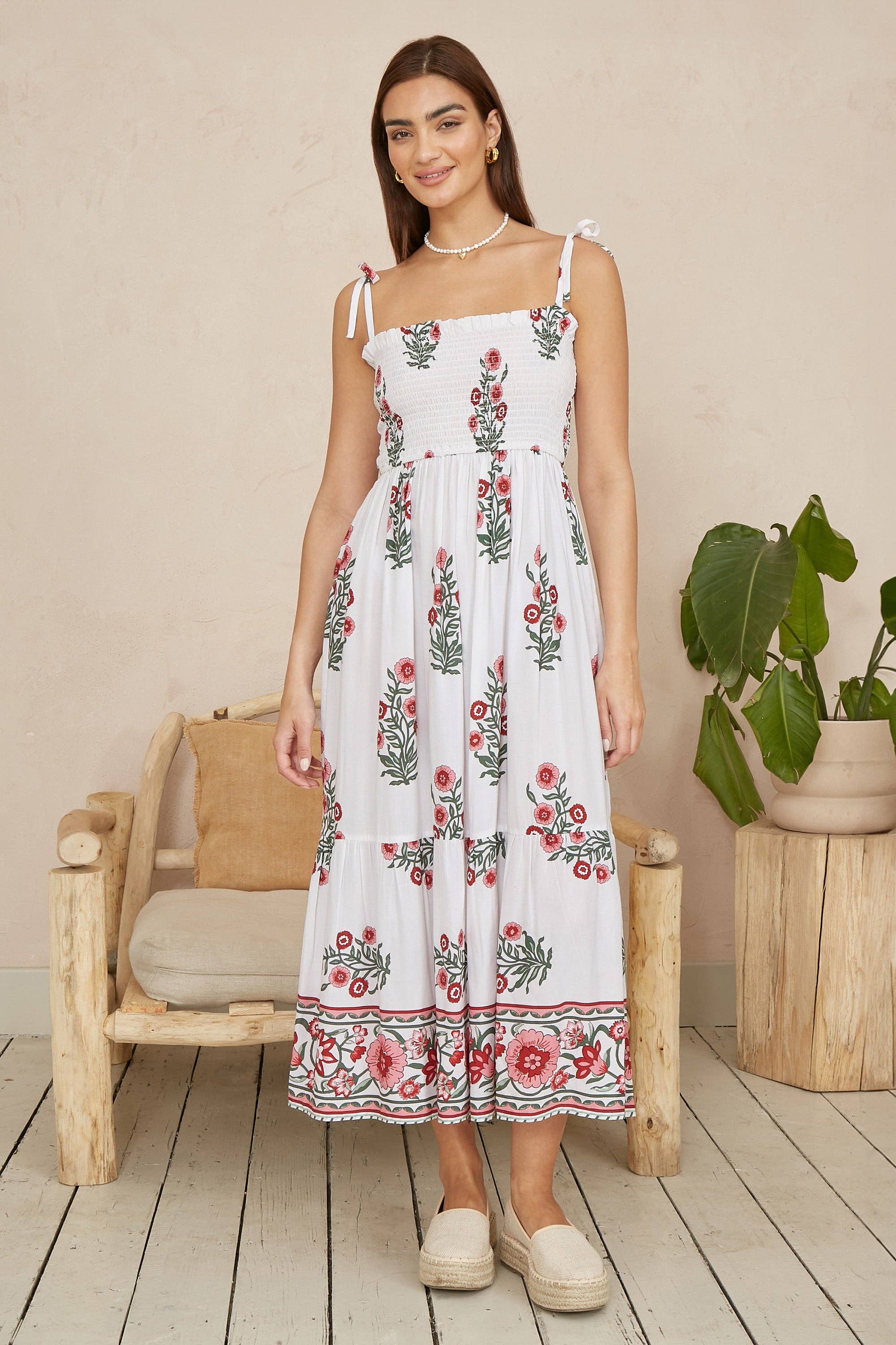 Yumi White Floral Printed Smocked Midi Dress for wholesale on Faire3