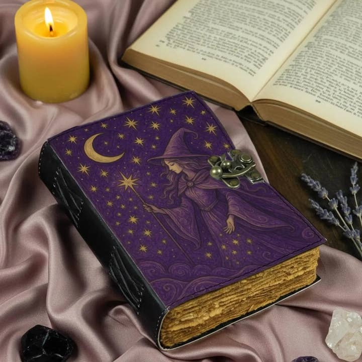 Purple Witch Leather Journal – Handmade Spellbook , Moon Sun for wholesale by MNM HANDICRAFTS