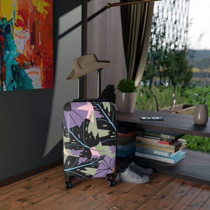 Black Lavender Jungle Collection Suitcase, Custom Designed Tropical Art Suitcase for wholesale on Faire