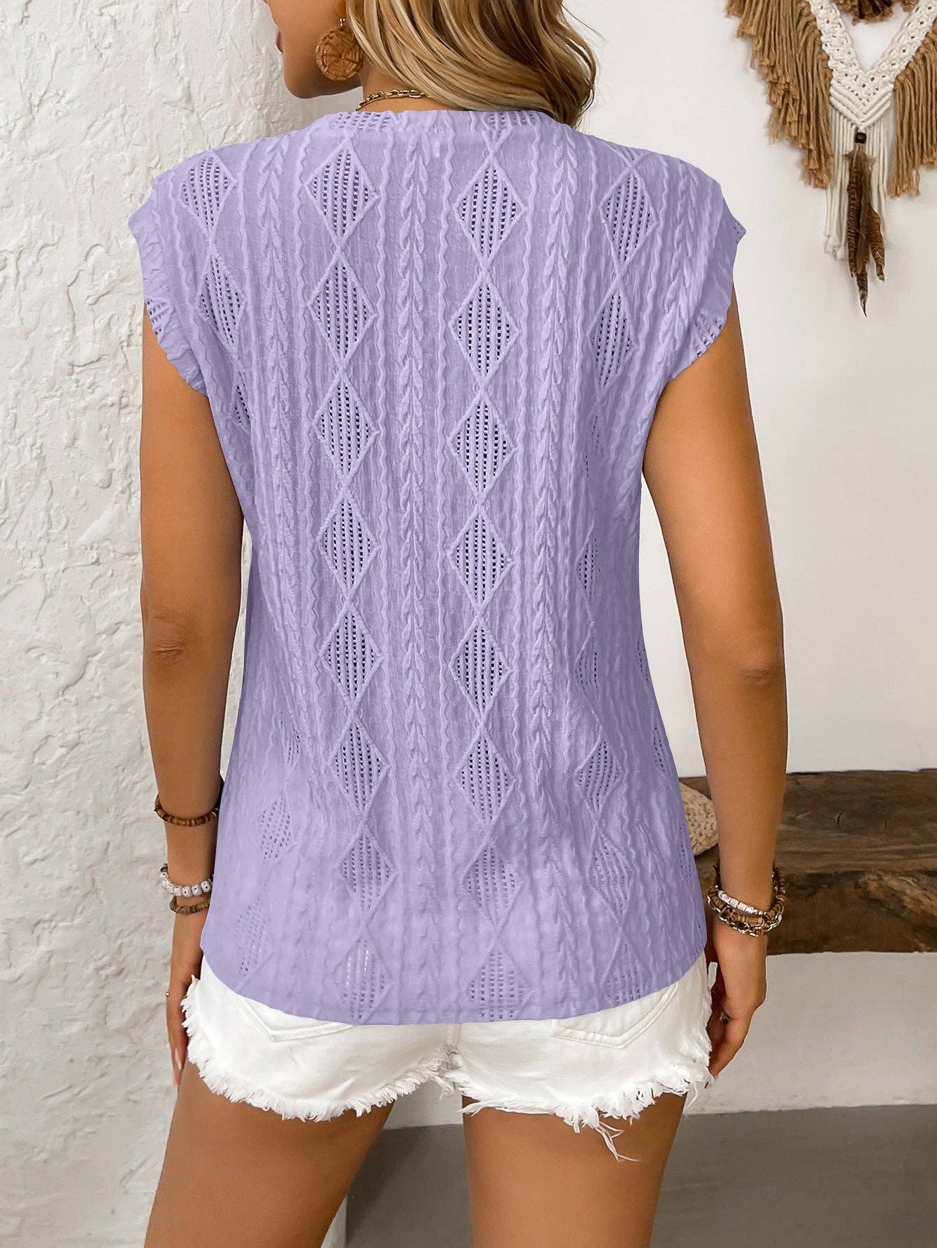 Suhkasana - Vente Chemisier – femme - Haut sans manches en jacquard pour femme – Blouse débardeur d'été décontractée15