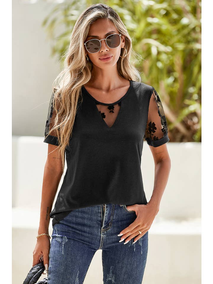 Black LDC Floral Lace Patchwork Crew Neck T Shirt for wholesale on Faire