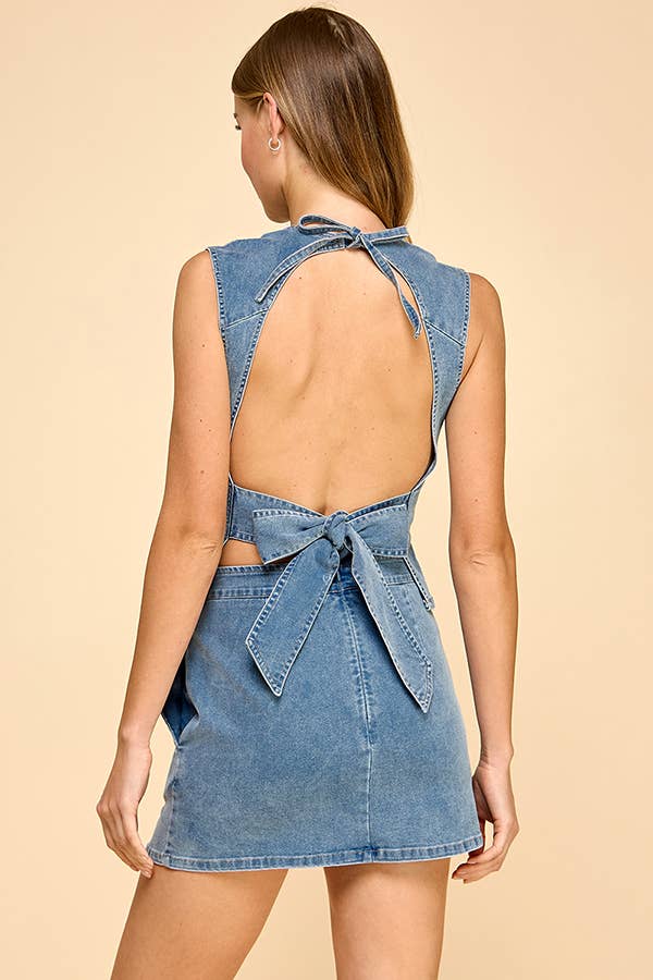 Round neckline open back denim set with back ribbon strap  for wholesale on Faire8