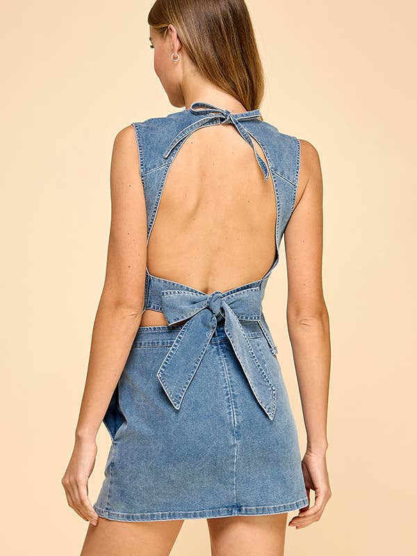 Round neckline open back denim set with back ribbon strap for wholesale on Faire8