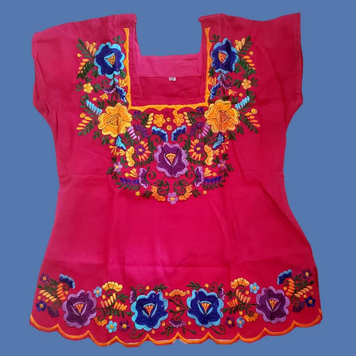 Blouse brodée de fleurs mexicaines brodées, chemisier traditionnel, chemisier mexicain coloré, huipil, du Mexique - Rose pour la vente par Puerta21