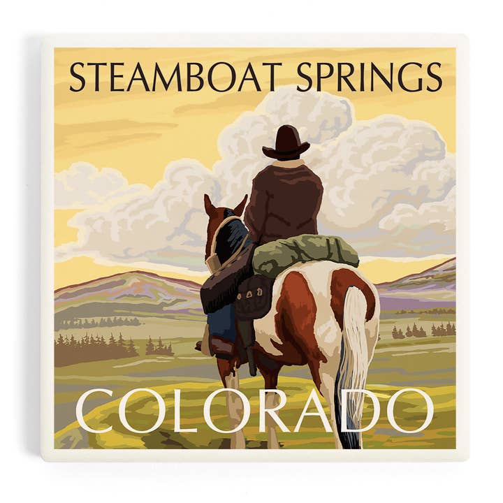 Ceramic Coaster Steamboat Springs, Colorado, Cowboy on Ho for wholesale by Lantern Press