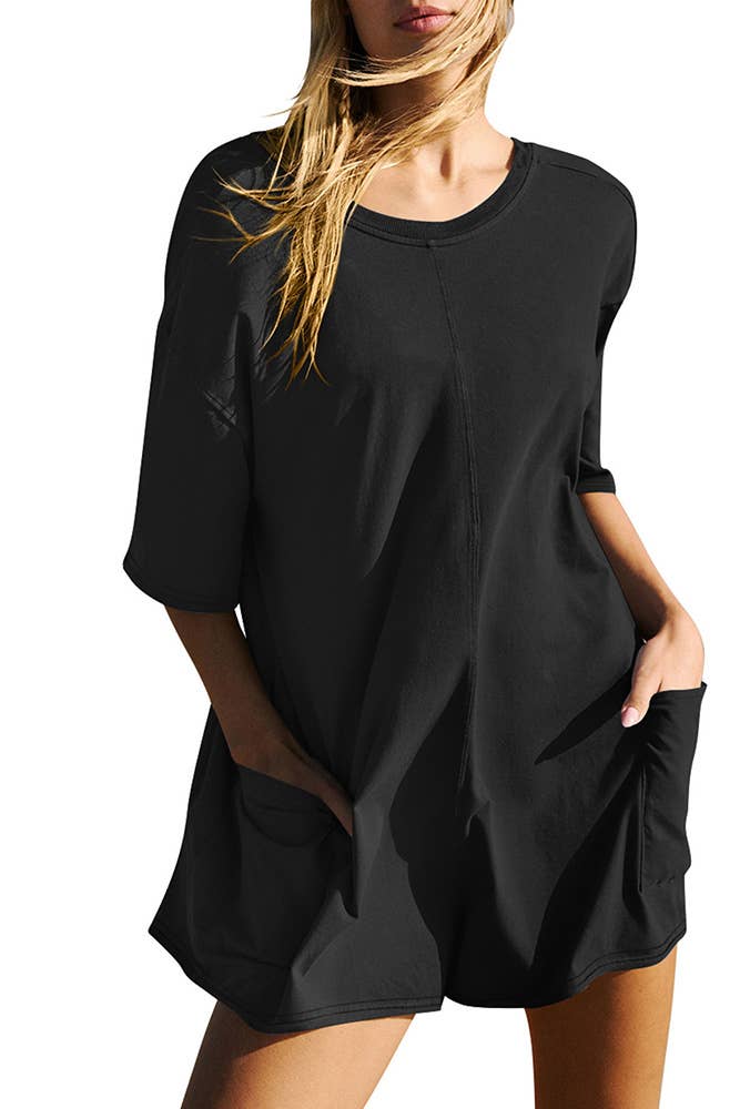 UNISHE - Wholesale Romper - Women's - Backless V Neck Short Sleeves Loose Pockets Romper ASJP07916