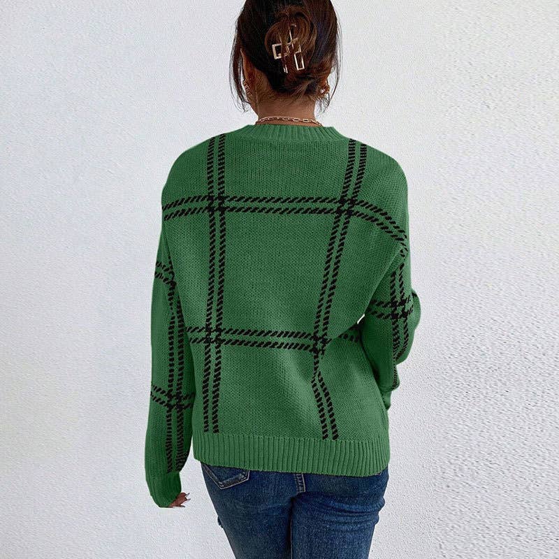 Anna Kaci Wholesale – wholesale Knitted jumper – Women′s – Plaid Pattern Crew Neck Long Sleeve Knit Sweater9