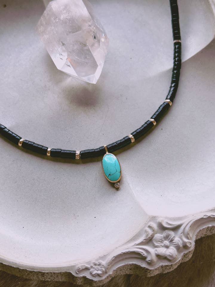 Stunning Onyx and Turquoise Necklace in 14k gold and Silver for wholesale by Artemis and Aura Jewelry