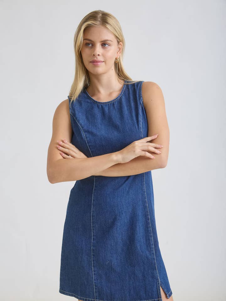 ROUND NECK SLEEVELESS DENIM MINI DRESS for wholesale by Blu Pepper