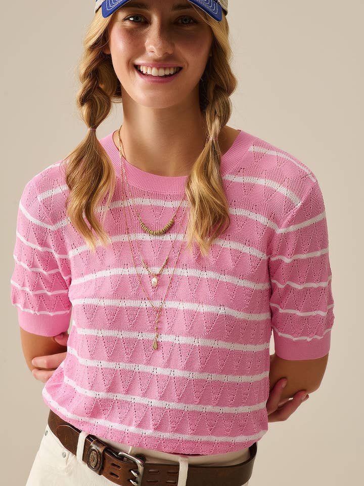 Pink Openwork Knit Top with Short Sleeves and White Stripes for wholesale by Q2—All Orders:Free Duties for the US,UK,and Canada