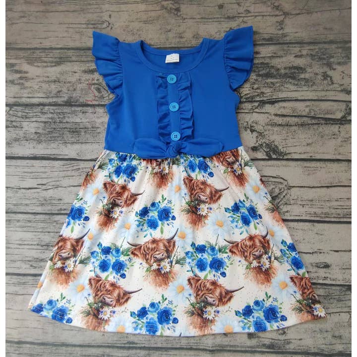Aier Wholesale - Wholesale Dress - Kids - Baby girls western cow blue top dresses