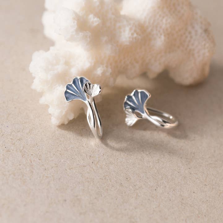 Perimade & Co. LLC - Wholesale Dangle Earrings - Dainty Blue Ginkgo Leaf Hook Earrings in 925 Sterling Silver2