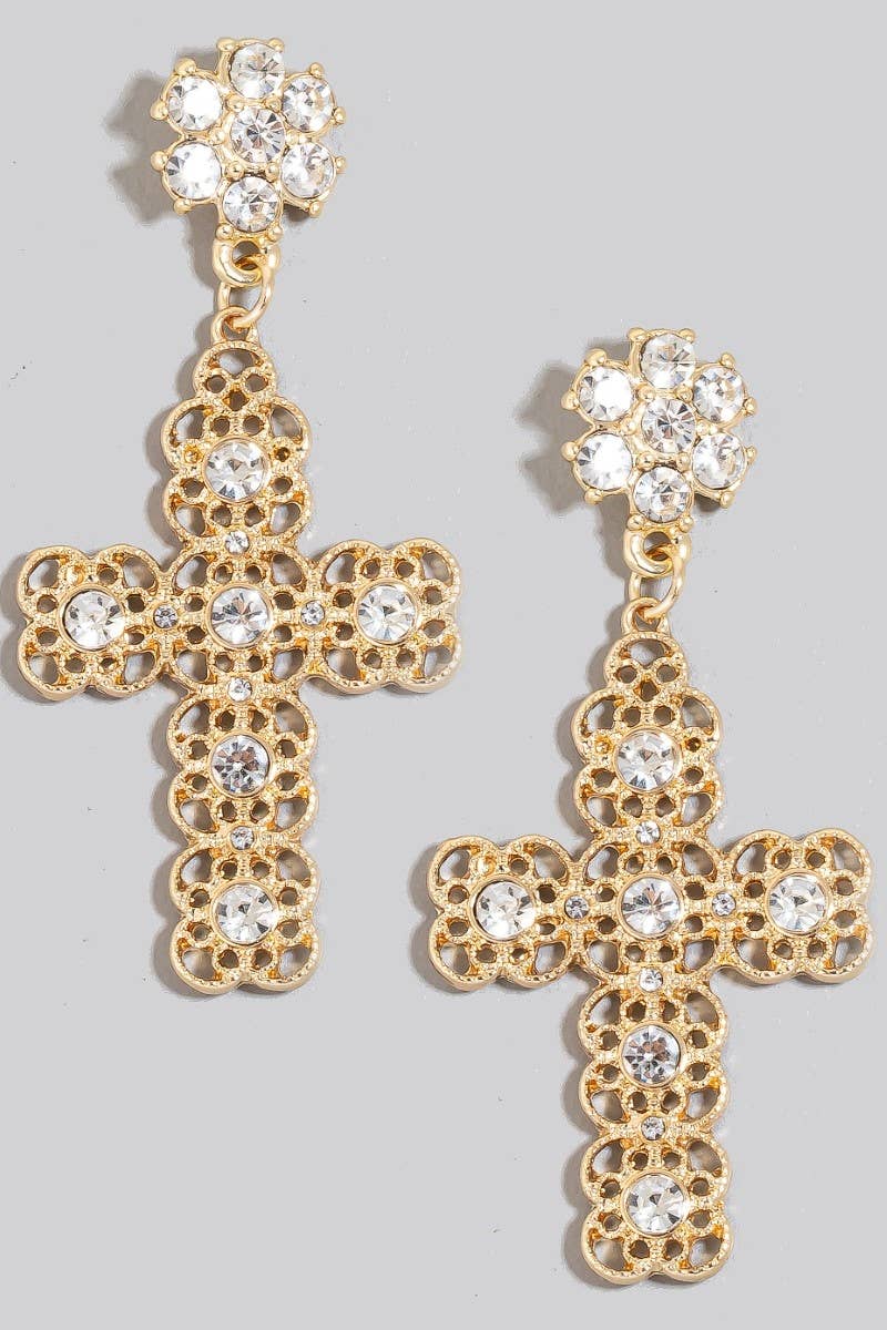 The Looks by Fame Accessories - Wholesale Dangle Earrings - Studded Ornate Cross Dangle Earrings