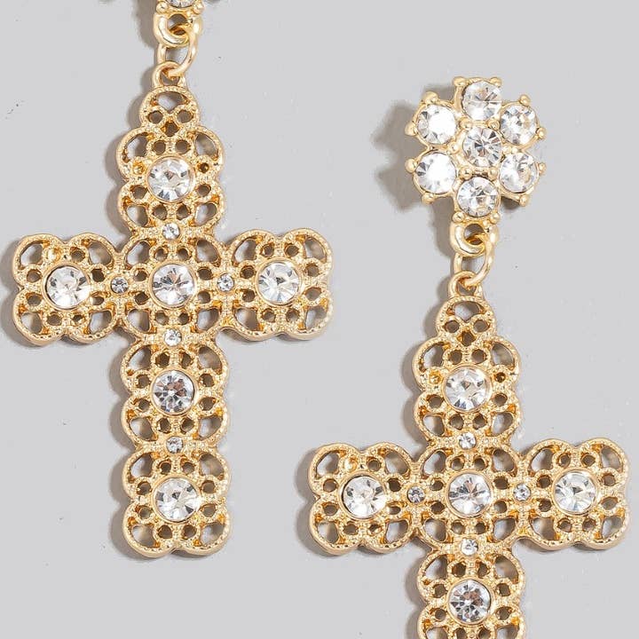 The Looks by Fame Accessories - Wholesale Dangle Earrings - Studded Ornate Cross Dangle Earrings0
