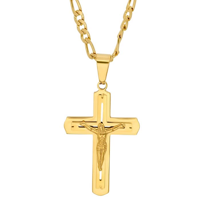 Crucifix Cross with Figaro Chain Link Pendant Necklace for wholesale by Steeltime NYC